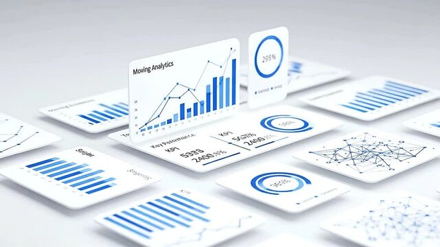 Clean and high-tech business dashboard animation, showcasing moving analytics, charts, KPIs, and network graphs, white and blue color scheme - Powered by Adobe