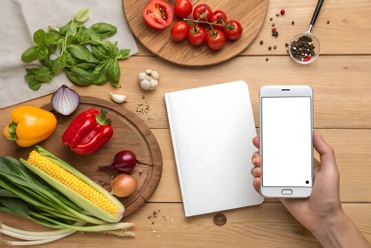 White magazine mockup with fresh vegetables on wooden table. Perfect for culinary templates, recipes, diet, and cooking themes.