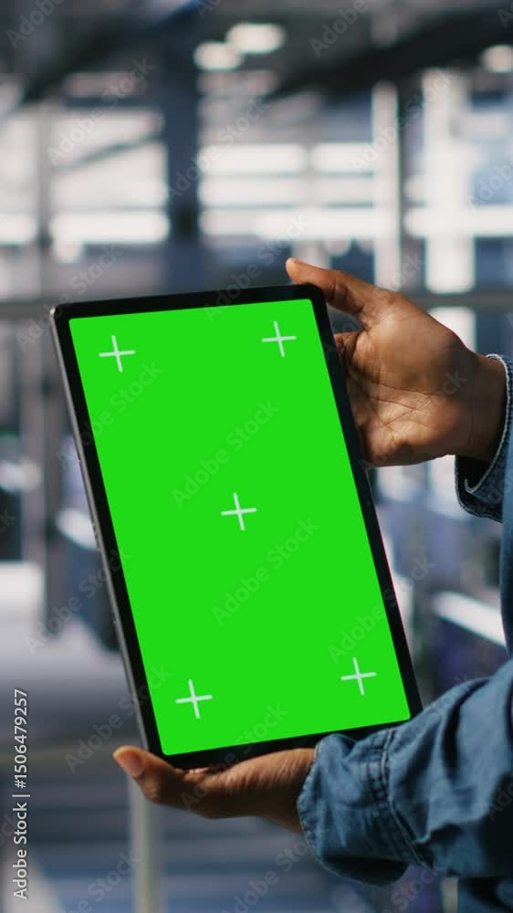 Poster vertical video data center engineers monitoring neural network llm visualization using green screen 