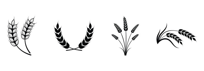 Farm wheat ears icon set. Durum wheat pasta label. Bakery logo. Organic wheat grain icon. Stylized black icons of wheat for print, product packaging, and agricultural business branding.