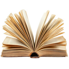 Open book with pages fanned out, showcasing its texture and vintage character against a plain Transparent background, Open book isolated on white