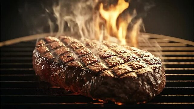 Close-up shot of juicy steak sizzling on a hot grill, flames flickering and smoke rising gently