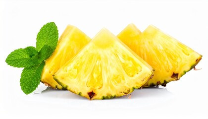 Fresh Pineapple Chunks with Water Droplets and Mint Leaves on Isolated White Background Composition