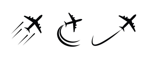 Flying plane with trail symbol. Aeroplane icon with trace path. Transparent PNG and vector illustration. © MKIN