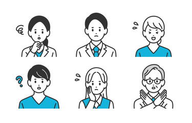 ネガティブな医者･看護師･医療事務の男女上半身セット【人物ベクターイラスト素材】