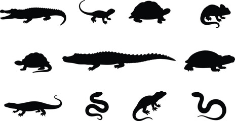 Reptile Silhouette Vector Collection  Crocodile, Turtle, Snake, Lizard, and Gecko Icons in Black for Wildlife Illustrations, Nature Projects, Zoo Themes, and Animal Graphic Design Elements