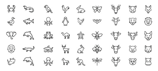 Array of line art icons featuring various animals in simple outlined designs