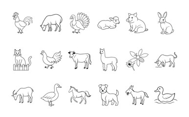 Farm animal line drawings rooster sheep turkey lamb pig rabbit cat hen cow llama bee bull goat goose horse dog donkey duck