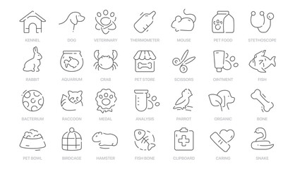Icon set of pets and related items represented by simple linear drawings with associated names