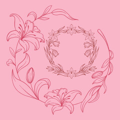 Elegant Floral Line Art Illustration Featuring Lilies and Bouquet on Soft Pink Background