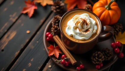 Autumnal Pumpkin Spice Latte with Whipped Cream Cozy Fall Drink on Rustic Wooden Table