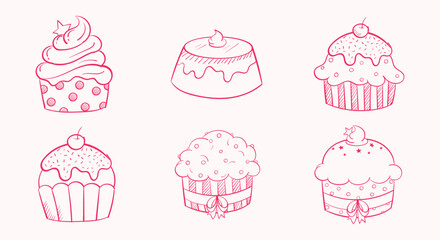 Hand-drawn cupcake and dessert collection in pink line art style featuring various sweet treats including decorated cupcakes, pudding, and frosted desserts perfect for bakery branding and celebration.