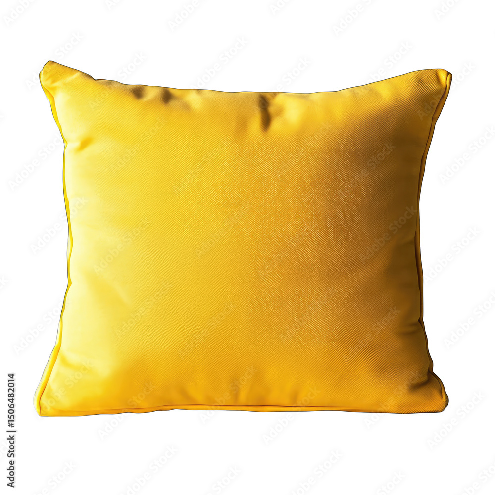 Poster a vibrant yellow square pillow isolated against a stark black background in a studio setting isolate