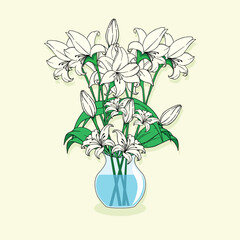 Elegant White Lilies Bouquet In Glass Vase, nature concept illustration clipart