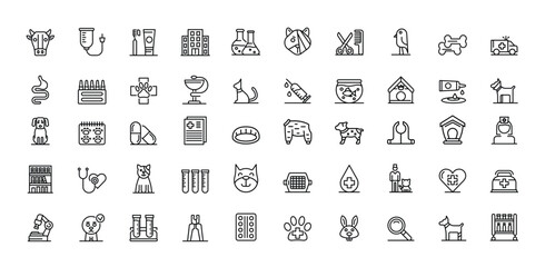 Veterinary icons depict animals tools and medical supplies in simple line drawings
