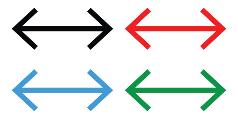 Horizontal dual sided long straight arrow signs. Black, Red, Blue and Green arrow symbol. Double arrow icon isolated on white background. Vector illustration. EPS 10