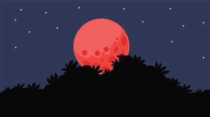 Red Full Moon behind the silhouette of leaves with starry sky, nature concept background