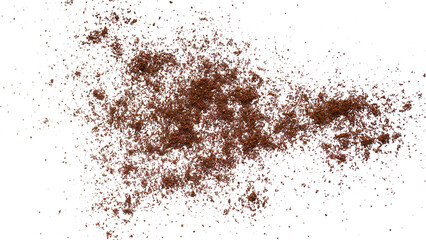 Scattered ground coffee beans isolated on transparent background