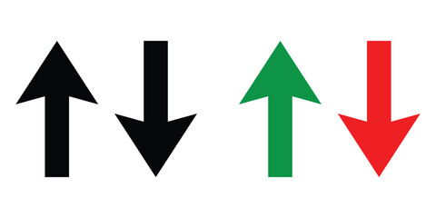 Up and down arrows. Up and down arrow icon set. Black up down navigation arrows. Green up and red down arrows. Vector illustration. EPS 10