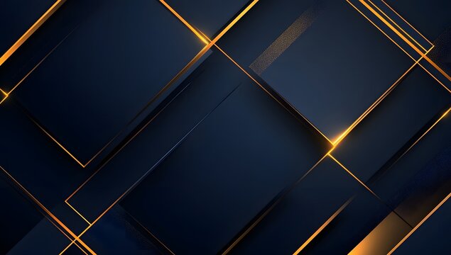 Abstract background with digital technology, blue and gold color theme, dark gradient background, with glowing light boxes