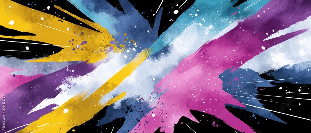 Poster dynamic abstract design featuring vivid splashes of color on a black background.