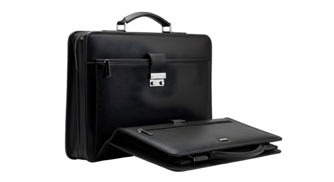 Isolated Photo of Black Leather Briefcase and Portfolio on Transparent Background