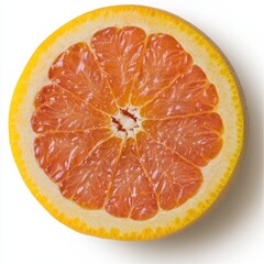 A perfectly halved grapefruit, showcasing its vibrant pink flesh, segmented structure, and a thin yellow rind against a stark white backdrop