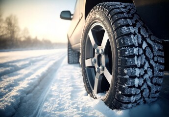 Winter SUV Tire on Snowy Road Close-Up Composition, Gray Wheel, Snow Texture, Winter Driving, Winter Tires Winter driving, Snow tires