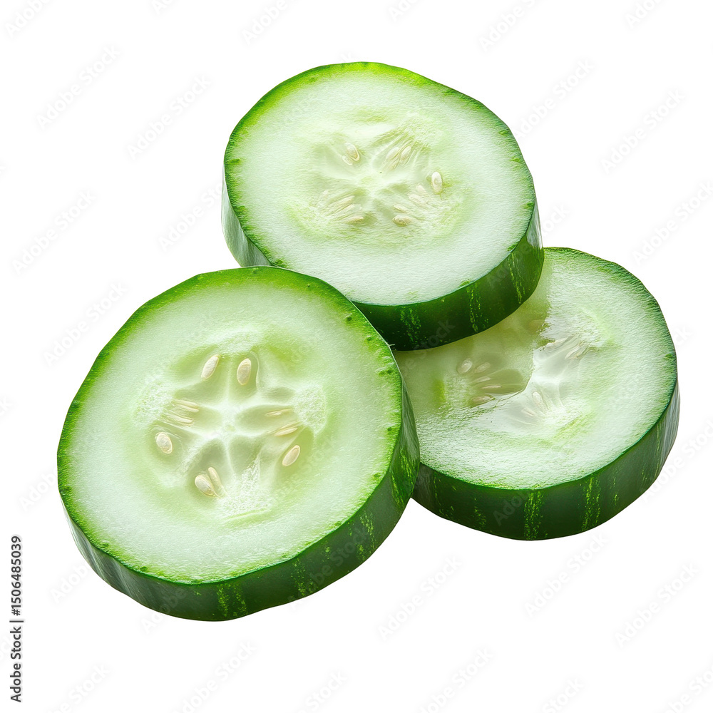 Poster fresh green cucumber slices arranged neatly on a transparent background for culinary presentations, 