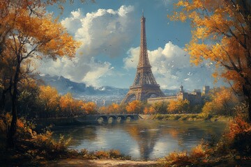 Autumnal Paris Eiffel Tower, bridge, and park