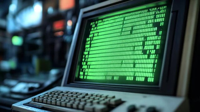 A computer monitor with green text on it. The screen is lit up and the text is in black