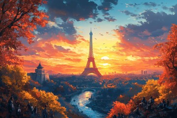 Autumnal Paris sunset, Eiffel Tower view, people watching