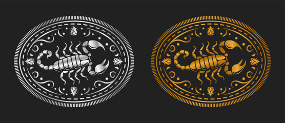 Scorpion Label belt buckle wild west cowboy style tag design gold and silver stylized silhouette