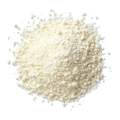 Granulated milk displayed on a clean white background showcasing its fine texture and color, Granulated milkisolated on white background