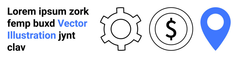 Gear icon, dollar sign in a circle, and a blue location pin symbol. Ideal for business, technology, finance, navigation, innovation, strategy simple landing page