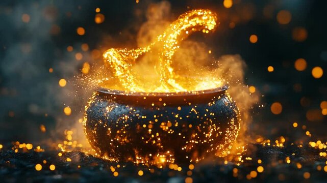 Magical cauldron bubbling with bright sparks at night