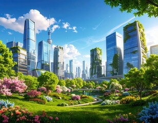 Eco-friendly Metropolis: An idyllic urban landscape blends nature and modern architecture, showcasing a sustainable city with skyscrapers, lush green spaces, and vibrant flora.