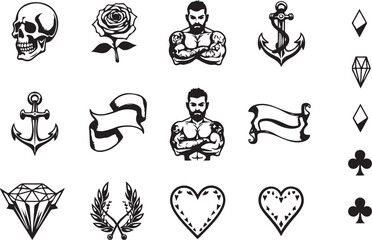Obraz premium Grid of Tattoo-Style Designs Featuring Skulls, Roses, and Symbols