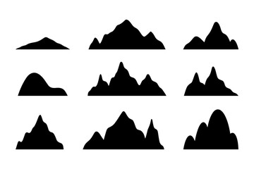 A set of silhouette mountains. Mountain icons isolated on a white background, vector illustration, flat design. A simple black and white drawing of rocky peaks and peaks. An element for decoration