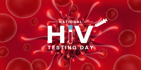 June 27 is National HIV Testing Day. Virus, blood and more. Suitable for posters, banners and social media. Red background. 