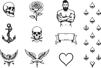 Naklejka premium Grid of Tattoo-Style Designs Featuring Skulls, Roses, and Symbols