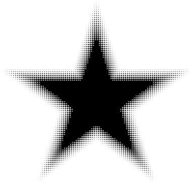 Abstract decorative black halftone star textures on isolated background. Geometric circular shape elements pattern in a star shape. Fit for poster, collage, or advertising, abstract design element.