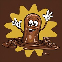 Cute cartoon chocolate character emerging from a puddle of melted chocolate with a happy expression. Fun, playful dessert-themed design ideal for kids' products, packaging, or branding visuals.