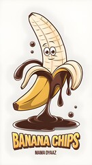 Cute cartoon banana character dipped in melting chocolate with playful eyes and smile. Fun and appealing food-themed vector design perfect for snack packaging or branding. Text reads “Banana Chips – M