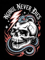 Striking vector illustration of a cracked skull entwined by a blue and red snake, with red flames, stars, and lightning bolt, featuring gothic text “Ngibul Never Dies” in bold style.