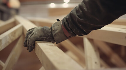 Construction Worker's Hand on Wooden Frame