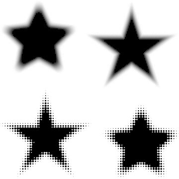 Abstract decorative black halftone stars textures on isolated background. Geometric circular shape elements pattern in a star shape. Fit for poster, collage, or advertising, abstract design element.