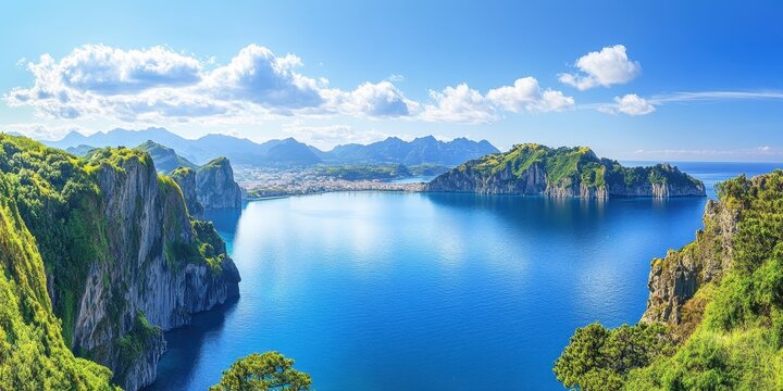Panoramic view of a serene bay nestled between lush green cliffs and a calm, azure sea under a bright, partly cloudy sky