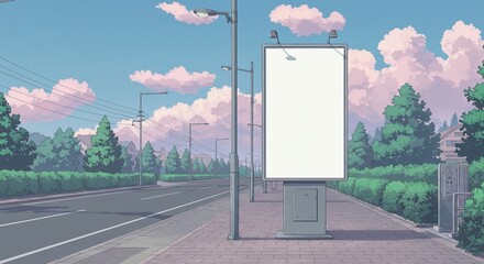 Anime Background with Road, Buildings, and Customizable Vertical Billboard