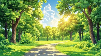 Obraz premium An asphalt road winds through a dense forest of tall trees, with sunlight falling on the ground.